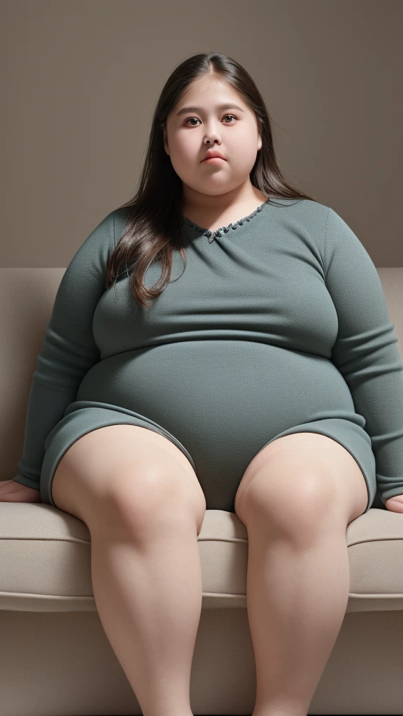 a 10 year old obese girl, chubby cheeks, round face, double chin, thick arms and legs, wearing a , sitting on sofa , realistic, detailed, highly detailed, intricate details, photorealistic, 8k, dramatic shadows, dark moddy collors