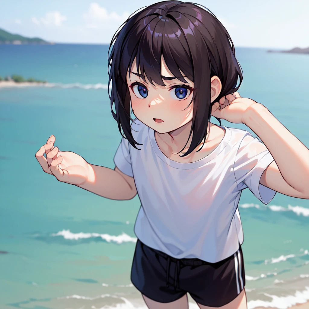 looking back at viewer、One person、tideland、blue sky、Black T-shirt、Black Swimsuit、Short black hair、Thighs、Girl、Girl、Short、Younger、Lower school year、Baby Face、Both eyes open、flat chest、Angry、Dynamic Angle、Beach、My feet are covered in mud、There's a little bit of mud on my face、sunlight、masterpiece、best quality、ultra-detail、Seaside、Sandy Beach、Sweat、event