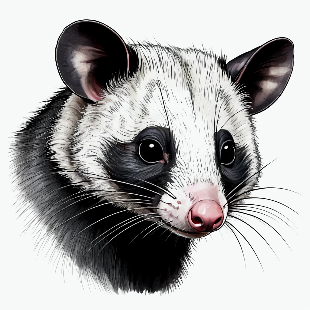 Drawing of a black-eared opossum, 8K, no errors in the image, no more than two ears, No writing, no signature.