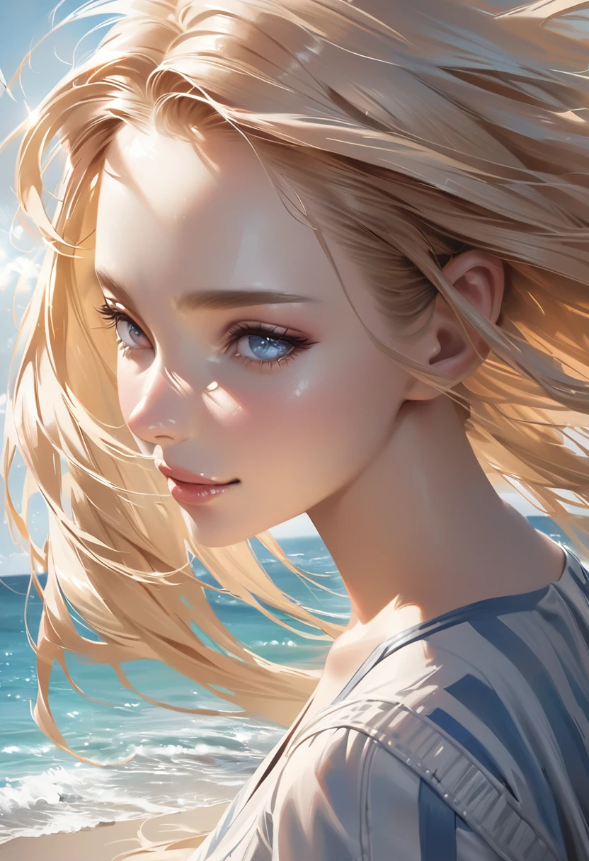 Beautiful woman, Blond hair blowing in the wind, Sparkling blue eyes, Realistic, masterpiece, Detailed, 4K, Beach Background, Detailed light, A small smile, White skin