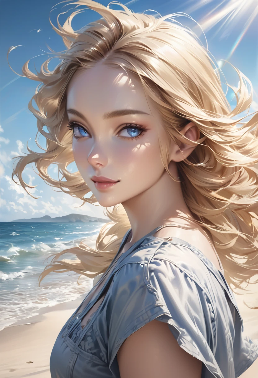 Beautiful woman, Blond hair blowing in the wind, Sparkling blue eyes, Realistic, masterpiece, Detailed, 4K, Beach Background, Detailed light, A small smile, White skin