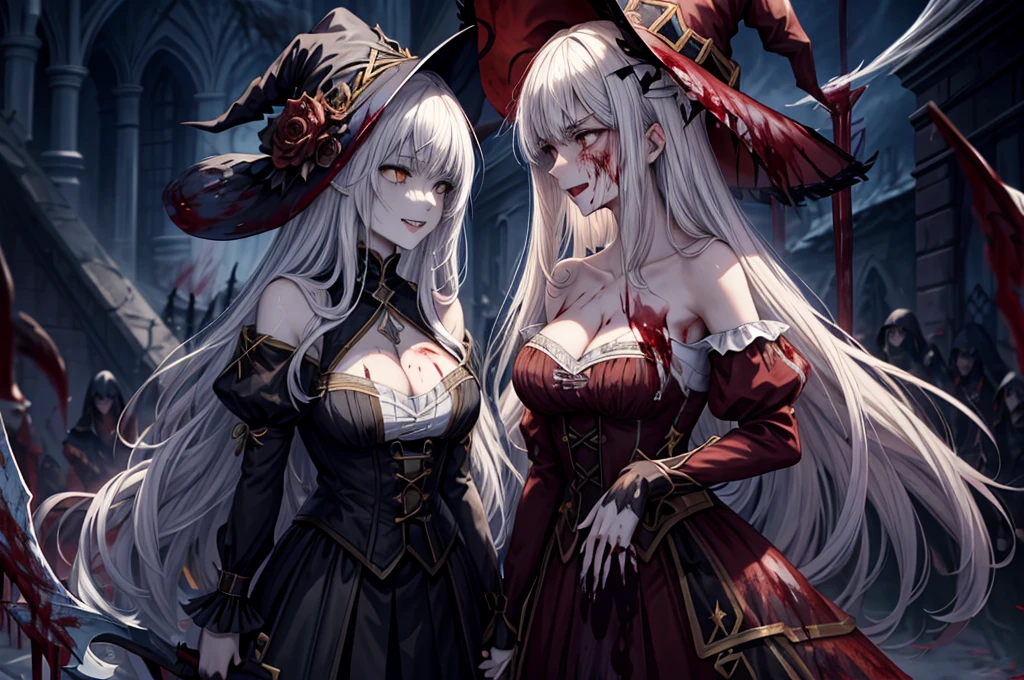 ,Multiple Girls,Frolicking Girl,Multiple women,tea ,Crazy Smile,Look up,Face shot,Scythe Face,Girl Monster, slave,beautiful, Detailed portrait, Delicate facial features, Sharp Eye, Sharp Fangs, Pale skin, Thick chain, Dark Background, Cinema Lighting, Dramatic Shadows, Gothic style, Gloomy atmosphere, Dark fantasy, One Girl, , Please open your mouth wide, Open your mouth and baring your teeth,Sharp teeth like a beast, Wide lips, very wide mouth, Vermilion cheeks, ,(Blood splatter:1.6),Scary face, Laughter Witch design, Twisted smile、Bloodstained、bleeding from the head,,、Blood splatter、,(Blood splatter:1.6),Crossbones, skull, , Horror Style, ((Fantasy Witch Costume)), ((Flowing white hair)), ,(Blood splatter:1.6),Female curves, Large Breasts, Thick thighs, Sexy flat stomach, Perfect hands, Perfect anime face, ((dark ta dress)), Are standing, ((Wicked Smile)), ,(Blood splatter:1.6),Victorian cities, gaslight, Steam circulates, Moonlight Illumination, night lighting, A sky filled with stars and galaxies,disaster々new devil horns,,(Blood splatter:1.6),アニメゾンビWitch design, Twisted smile、Bloodstained、bleeding from the head,,、Blood splatter、,(Blood splatter:1.6),Crossbones, skull,