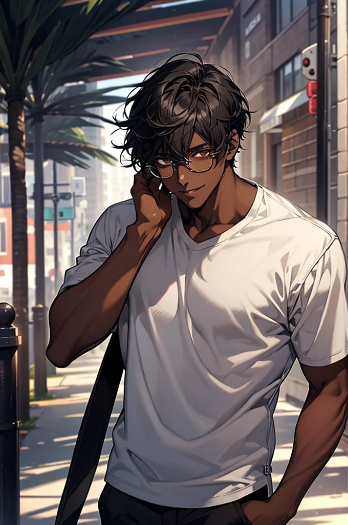 1male, black hair, dark skinned man, very dark skin, brown eyes, black hair, textured hair, cool and casual clothes, glasses, mature face, ikemen, smile, outdoor background, 4k, high resolution, rim lighting