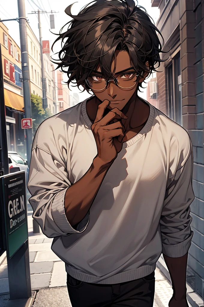 1male, black hair, dark skinned man, very dark skin, brown eyes, black hair, textured hair, cool and casual clothes, glasses, mature face, ikemen, smile, outdoor background, 4k, high resolution, rim lighting