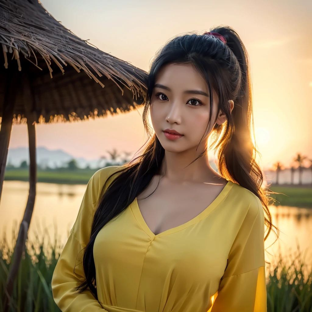realistic: Open the aperture wide., professional lighting, Sony A7R4, 50 mm sitting lens. 2 ; Warm light, (digital painting, HDR ภาพถ่ายหน้าตรงThai anime, Female anime Araffe 25 30 years old, realistic: Open the aperture wide., professional lighting, Sony A7R4, 50 mm sitting lens. 2 ; Warm light, (digital painting, HDR, high contrast (digital painting, HDR, high contrast),Old jeans torn, bright colored t-shirts, Looking straight at you intently, Long-haired woman with a round face, Red cheeks, Pink cheeks, black eyes ตาสองชั้น, black eyes, Thai anime, Has a large chest size of 38 inches., ponytail woman, flowing black hair, long flowing black hair, she has black hair, Her black hair was long and wavy., beautiful black hair, Extra dark natural black hair, The shirt is tight., Looks hot., ,black eyes,abdominal muscles, rounded chest, outdoor, The background is a rice field., There is an old thatched Thai-style hut in the background., The evening sun shines, beautiful female model, jaw-dropping beauty, realistically,