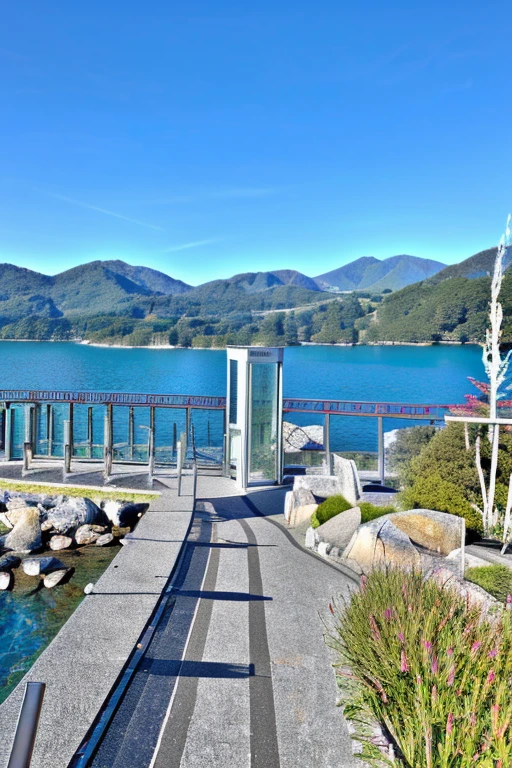8K, Photorealistic, Top Quality, Ultra High Resolution, Masterpiece, Raw Photo, Bright Lighting, Balance Carefully、View of a walkway leading to a large body of water, Okinawa Japan, Ehime, beautiful iwakura, Chiba Prefecture, Vision, japan shonan enoshima, Japan Tourism, Written by Zhongyuan Nantianfang, Beautiful views, Heroine Japan Vivid scenery, Lake Kawaguchi, kanagawa prefecture, Observatory, Tourist destinations