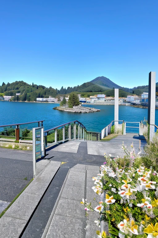 8K, Photorealistic, Top Quality, Ultra High Resolution, Masterpiece, Raw Photo, Bright Lighting, Balance Carefully、View of a walkway leading to a large body of water, Okinawa Japan, Ehime, beautiful iwakura, Chiba Prefecture, Vision, japan shonan enoshima, Japan Tourism, Written by Zhongyuan Nantianfang, Beautiful views, Heroine Japan Vivid scenery, Lake Kawaguchi, kanagawa prefecture, Observatory, Tourist destinations