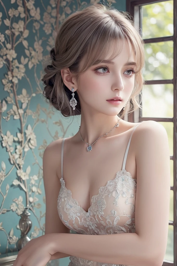 Dark Purple Lace Good, (((Very elegant and beautiful, Perfect detail, Very detailed))), whole body, The most detailed girl, Written boundary depth, 美しく詳細なwhole body, Thin legs, 1 Girl, 30 years old, Very short hair, Spiked Hair, Gray and silver hair, Beautiful detailed hair, Perfect Face, Expressionless, Beautiful, detailed, deep eyes, Please open your mouth a little, Delicate arms and hands, Pale skin, Earrings, Beautiful and gorgeous necklace, Colorful background, HD background, Blurred Background, Very delicate and beautiful, masterpiece, (((Highest quality, Very beautiful 8K CG wallpaper))), (((Trendy hairstyles))), (Inside the room,Stylish interior,window),