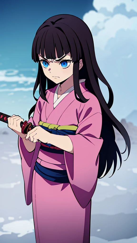 1 girl, blue eyes, long dark brown hair, bangs, kimetsu no yaiba style, holding sword. angry expression, pink kimono
