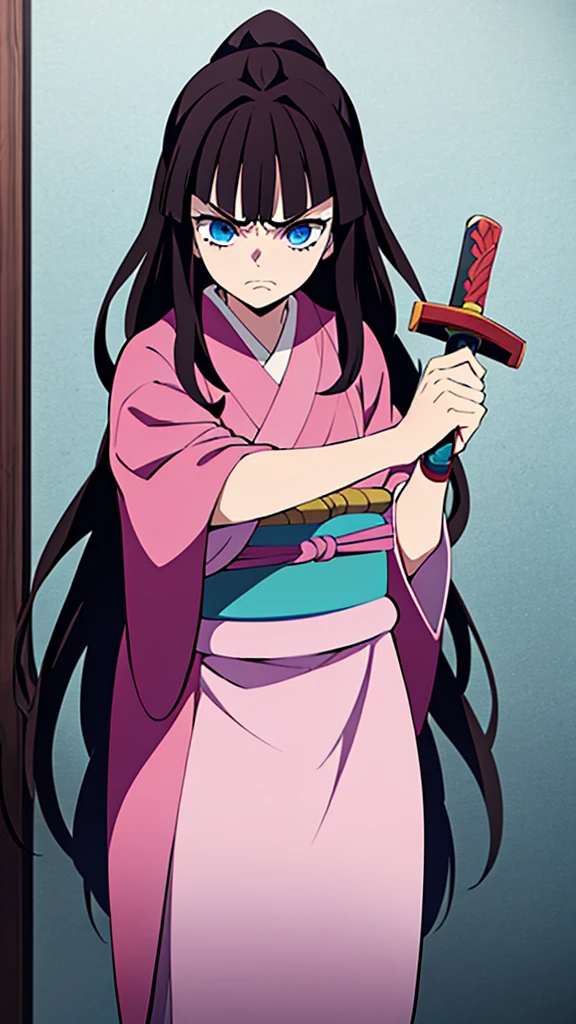 1 girl, blue eyes, long dark brown hair, bangs, kimetsu no yaiba style, holding sword. angry expression, pink kimono