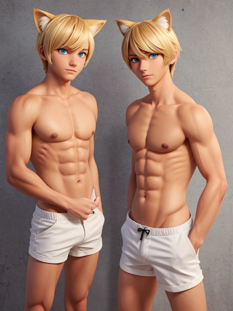 (best quality), 1boy, tanned skin, blonde hair, short hair, side bangs, beautiful hairstyle, blue eyes, perfect eyes, femboy, slender, handsome, attractive, fully clothed, skinny body, (cat ears), masterpiece, anatomically correct, highres