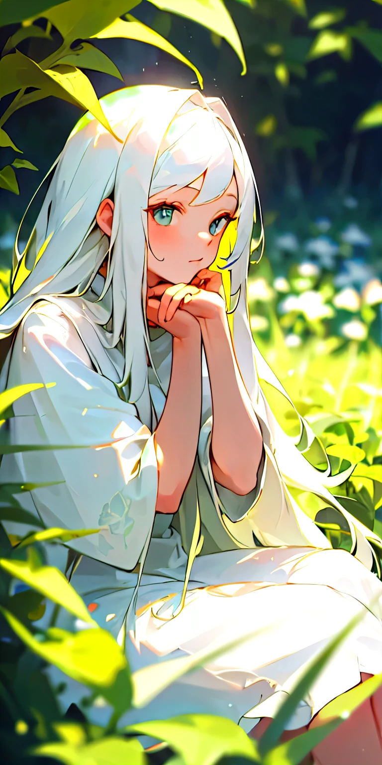 (masterpiece, best quality),1girl with long white hair sitting in a field of green plants and flowers, her hand under her chin, warm lighting, white dress, blurry foreground