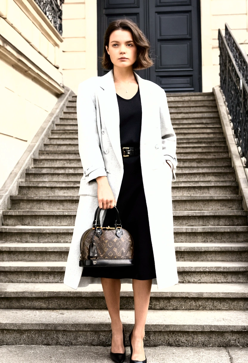 Femme élégante cheveux très noirs, aux yeux gris clairs, streetwear stymle, brushing, coupe au carré, photo prise sur des marche d'escalier d'un immeuble elegant à l'architecture française, sac louis Vuitton bb Alma à la main, robe courte couleur blanche et classe, femme d'une vingtaine d'années
