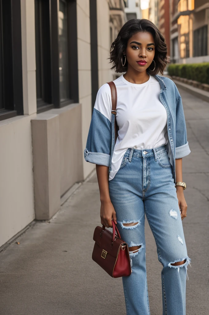 She is a woman with white tennis shoes, denim jeans, short brown plaid shirt, black shoulder length hair, brown skin, thick eyebrows and red lips 