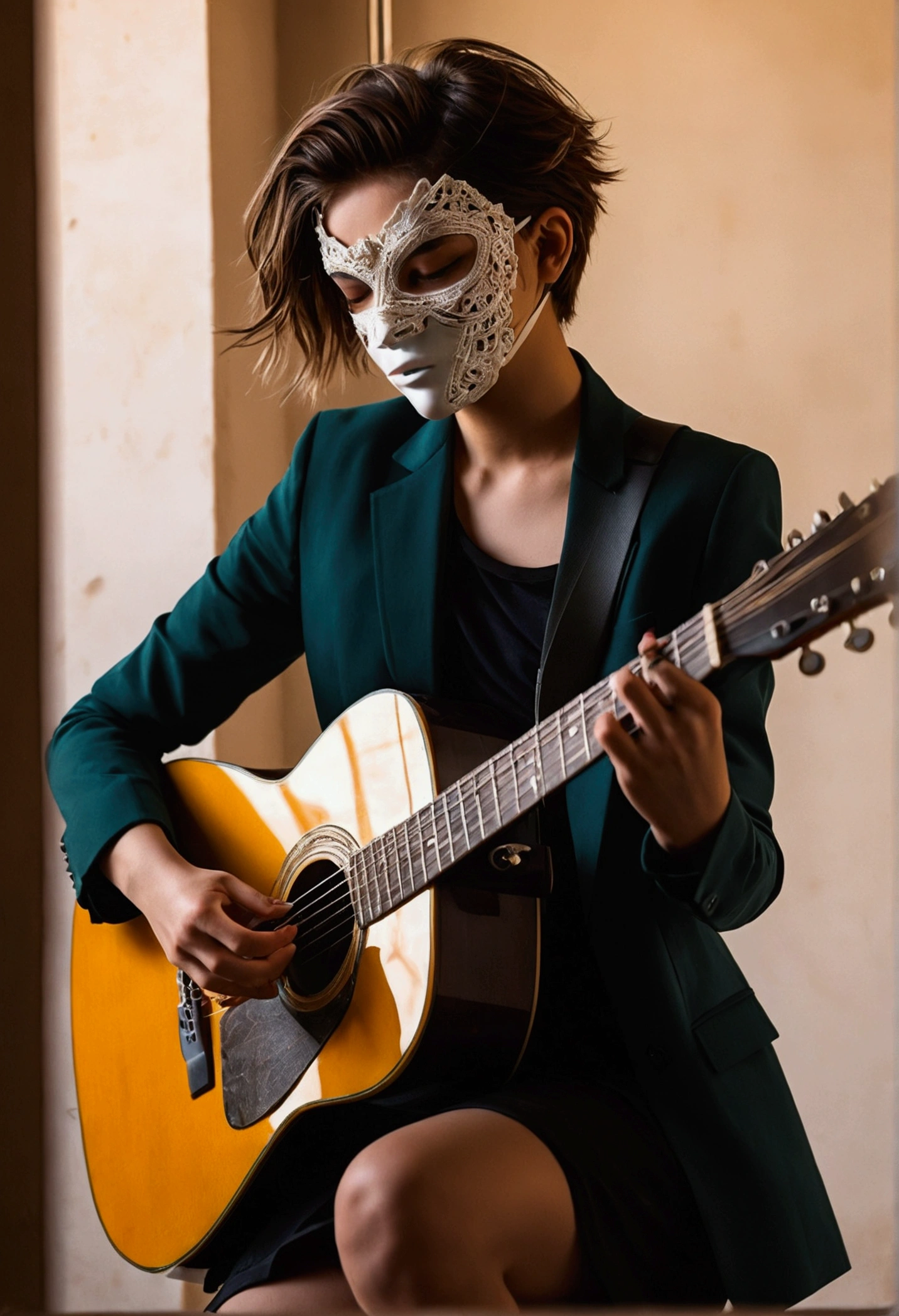 aesthetic tomboy playing guitar with a mask