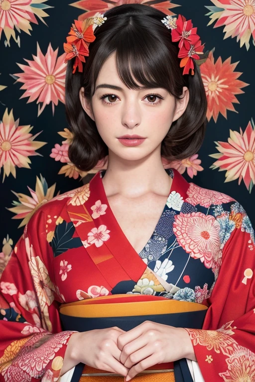 Beautiful Femme Fatale, Upper body portrait, kimono, Anne Hathaway、Minami Hamabe、Kanna Hashimoto, Dangerously attractive, Pale red, Paper cutting pattern, Japanese Ukiyo-e Background, Kaleidoscope, Rich, vibrant colors, --9 in:16 --s 1000 --q 2 --v 5