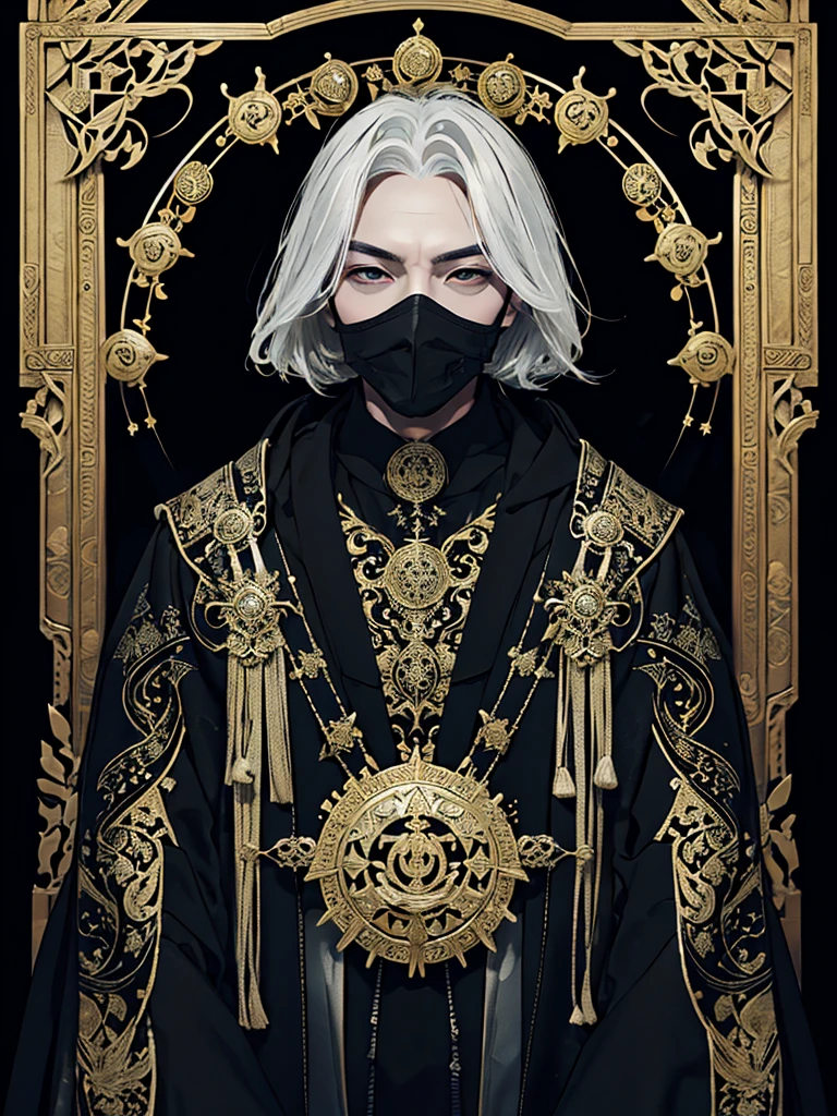 A white-haired man sat on a throne, wearing a black robe covered in intricate gold and silver decoration, with motifs of ancient symbols representing power and wisdom. His face was covered by an elegant mask with a design depicting the face of an invincible ancient god. mysterious smoke background.