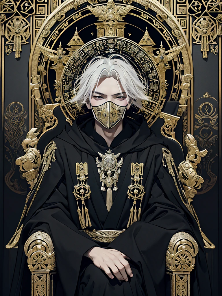 A white-haired man sat on a throne, wearing a black robe covered in intricate gold and silver decoration, with motifs of ancient symbols representing power and wisdom. His face was covered by an elegant mask with a design depicting the face of an invincible ancient god. mysterious smoke background.
