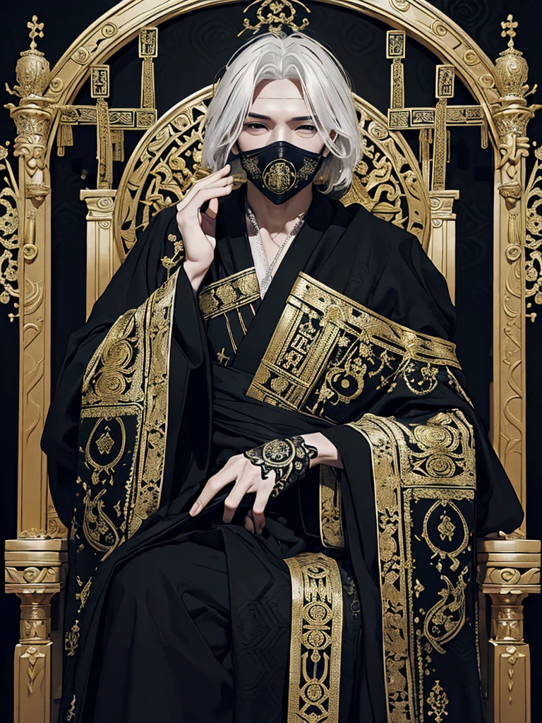A white-haired man sat on a throne, wearing a black robe covered in intricate gold and silver decoration, with motifs of ancient symbols representing power and wisdom. His face was covered by an elegant mask with a design depicting the face of an invincible ancient god. mysterious smoke background.