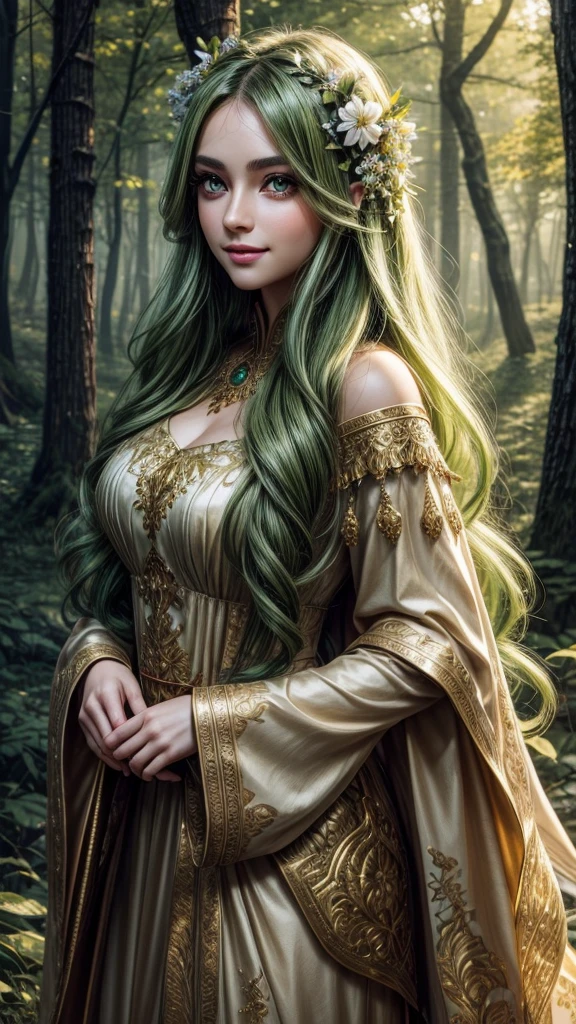 Wallpaper on your phone, better quality, cinematic image, detailed image, fantasy, detailed face, detailed beautiful golden eyes, Beautiful girl, dryad, богиня природы, лесная дева, flowers in hair, high, very long fluffy green hair, long fluffy eyelashes, thick eyebrows, wide hips, playful smile, spring forest, облегающее платье 