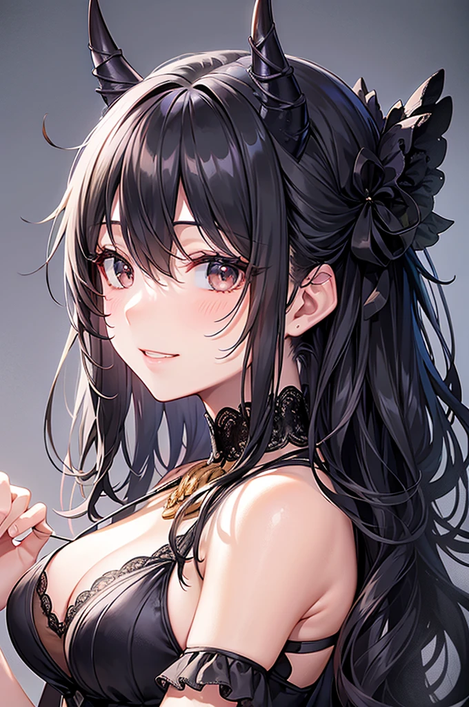 (((masterpiece))), (((Highest quality))), ((Very detailed)), ((Ultra-fine illustrations)), ((Ultra-fine painting)), (16K Highest quality wallpaper:1.4), (Upper Body:1.6), High resolution, (Highly detailed and subtle illustration style:1.8), Detailed skin texture, Detailed cloth texture, Very detailed説明, (Tmasterpiece), (Very detailed顔:1.2), (very fine and beautiful eyes:1.2), RAW Photos, Professional, Intricate details, Super detailed, Direct sunlight:1.6, (Perfect Anatomy:1.4), (Extremely elaborate hands:1.2), (Very detailed指:1.2), (Very dexterous fingers:1.2), (), Genuine, (alone:1.6), (devil、Black ruffled dress。:1.4) brake, Very small horns on the head, (Beautiful, well-shaped medium breasts:1.2), (Beautiful and shapely ass), (Black Hair, Loosely wavy semi-long hair:1.2), (Clear black eyes that shine beautifully in every detail:1.6), (Very delicate and sensitive eyes:1.2), (Very detailed顔:1.4), (smile:1.3), (blush:1.2), (Show Viewer:1.4) brake