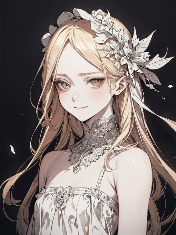 Highest quality, (Background details), High Contrast, so beautiful , Detailed original illustrations,very small stature、Baby Face、Villain、Fairy, Wavy platinum blonde hair、 Delicate face,  Spoiled brat、White ????????、Real breasts, Flat Chest、Wicked Smile, Evil Eye, Black background, (Black background: 1. 5), Beautiful line art, Monochrome
