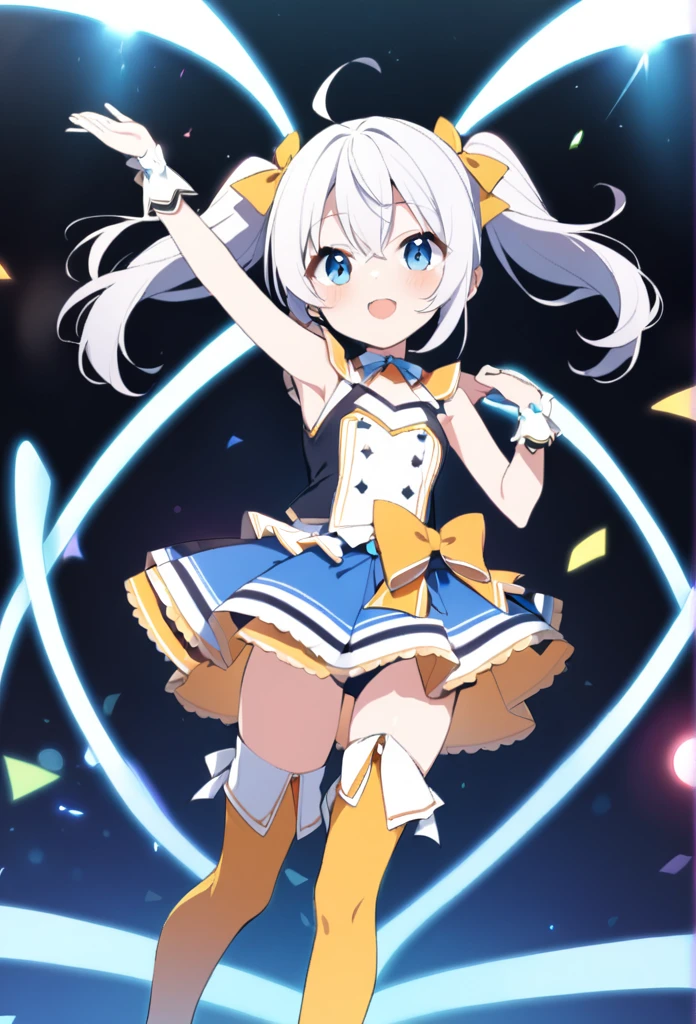 1 girl, cute, young, white hair, twintail, blue eyes, idol costume, thigh boots,