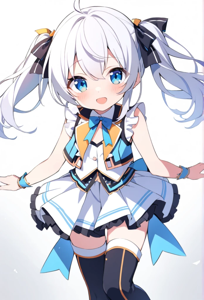1 girl, cute, young, white hair, twintail, blue eyes, idol costume, thigh boots,