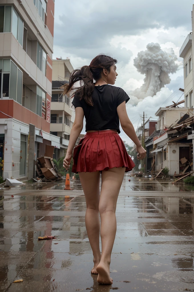 a beautiful Taiwanese girl in a barefoot is walking with a red umbrella. the girl's hair and skirt seem to be waving in the very strong wind. the girl walks in the middle of a city that has been devastated by a tornado. the background of the girl is a very large tornado. fragments of goods are seen flying in the tornado.