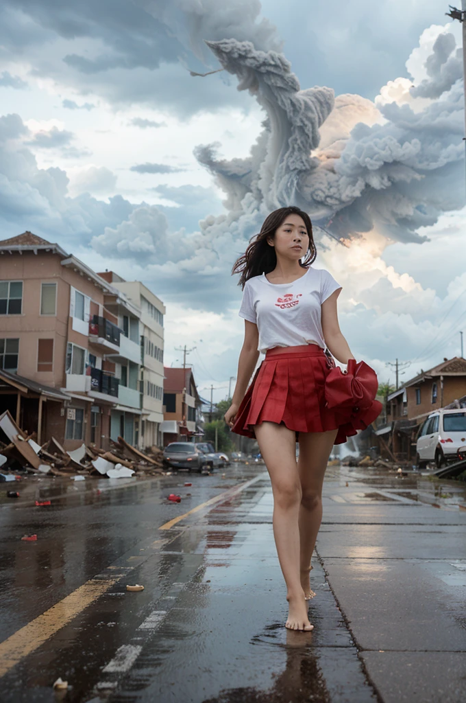 a beautiful Taiwanese girl in a  barefoot is walking with a red umbrella. the girl's hair and skirt seem to be waving in the very strong wind. the girl walks in the middle of a city that has been devastated by a tornado. the background of the girl is a very large tornado. fragments of goods are seen flying in the tornado.