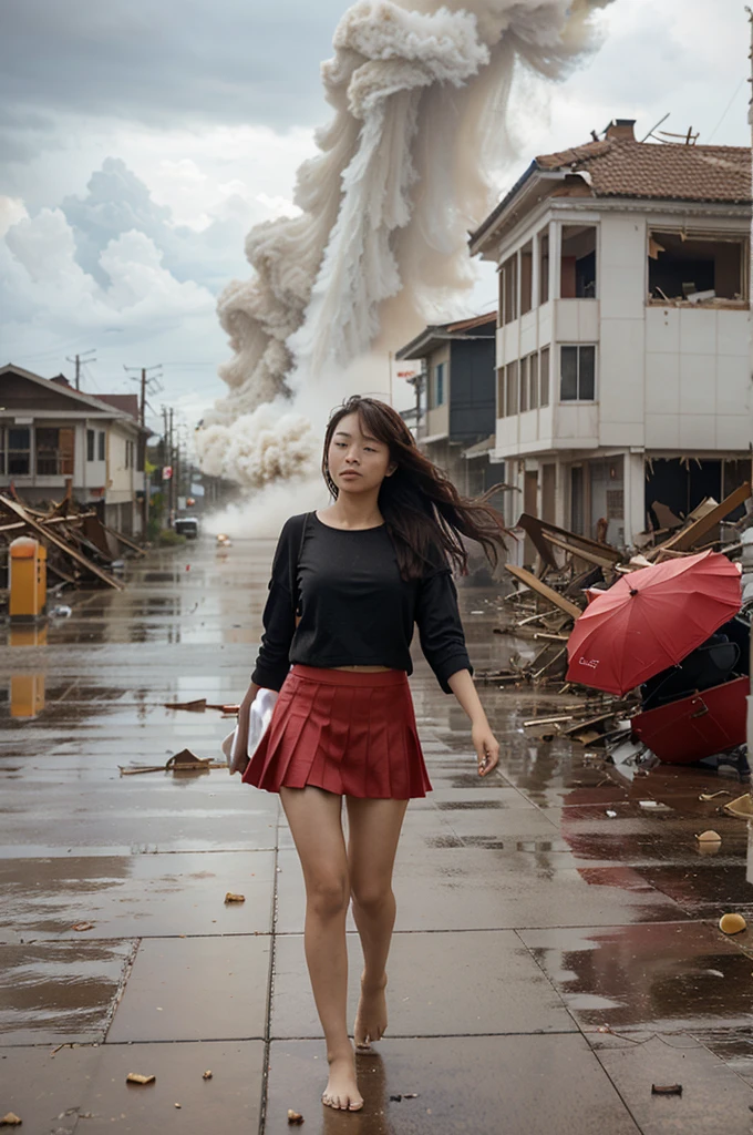 a beautiful Taiwanese girl in a  barefoot is walking with a red umbrella. the girl's hair and skirt seem to be waving in the very strong wind. the girl walks in the middle of a city that has been devastated by a tornado. the background of the girl is a very large tornado. fragments of goods are seen flying in the tornado.