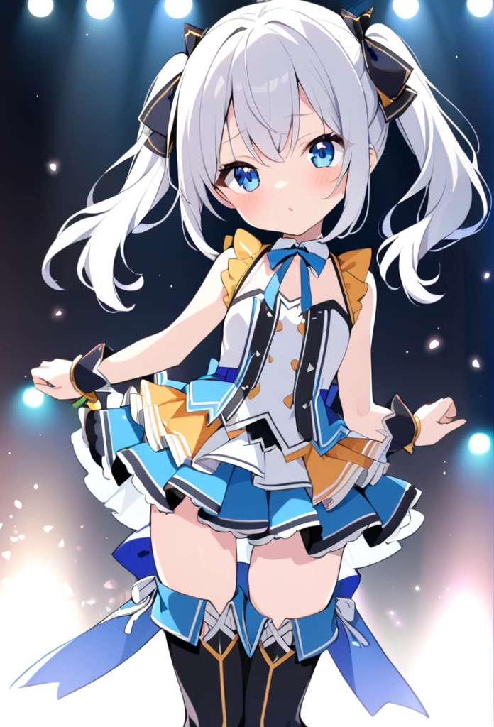 1 girl, cute, young, white hair, twintail, blue eyes, idol costume, thigh boots,