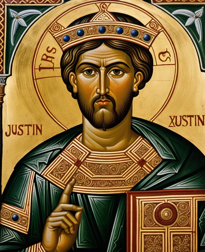 ((best qualityer)), ((work of art)), (detailded), Byzantine emperor, (Justinian), historic photo, meticulously detailed, best pose, best photo, best known portrait, 6th century, Greek-Slavic ethnicity, skin detailed,