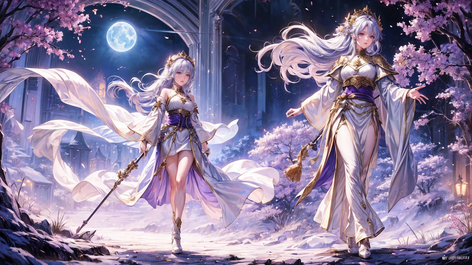 (8K, Highest quality, masterpiece: 1.2), Fire emblem: Genealogy of the Holy War,Deirdre,purplish-silver hair,Wavy Hair,Fleeting,Long walking stick,White robe,beautiful girl,Moonlit Night,sexy,Glamour,Purple eyes,sacred,Golden dragon dynamic pose,One Girl,Flower Field,Lakeside