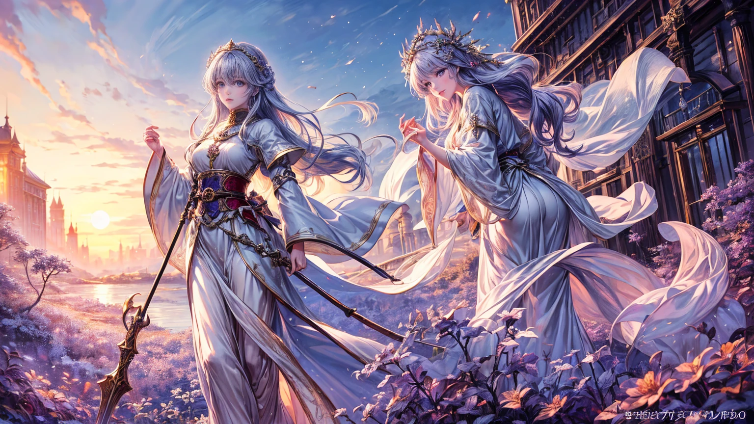 (8K, Highest quality, masterpiece: 1.2), Fire emblem: Genealogy of the Holy War,Deirdre,purplish-silver hair,Wavy Hair,Fleeting,Long walking stick,White robe,beautiful girl,Moonlit Night,sexy,Glamour,Purple eyes,sacred,Golden dragon dynamic pose,One Girl,Flower Field,Lakeside