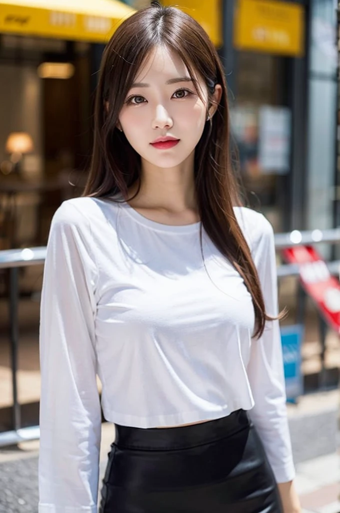 a woman posing for a picture with a white half sleeve shirt and tight skirt on