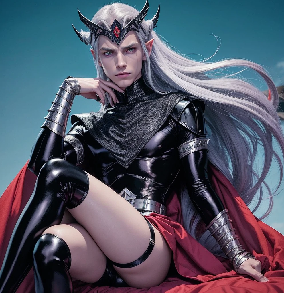 American classic comic book art: Malekith, lilac delicate dark young man with lilac skin, long very straight platinum hair, black tiara with a pointed on the forehead, half black half red elf wizard outfit medieval, metal shoulder pads, metal bracelets, black stockings, beautiful thighs, very young face boy evil eyes, black nails, violet energy, red skirt, delicate body boy, hal black tight t-shirt, Marvel Malekith, half red outfit, villain classic comic book