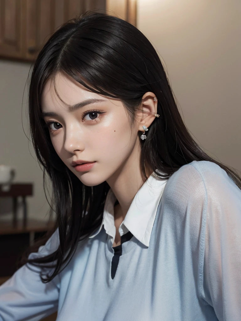 absurdres, RAW photo, extremely delicate and beautiful, masterpiece, Best Quality, ultra high resolution, 32k, hyperrealistic, ultra-detailed, perfect figure, Super Beauty, Perfect Style, Perfect balance, in her 20s, very small head, very small face, delicate facial features, tearful mole, earring, ((very huge breasts)), ((full body shot)), medium hair, black hair, ((school_uniform)),
