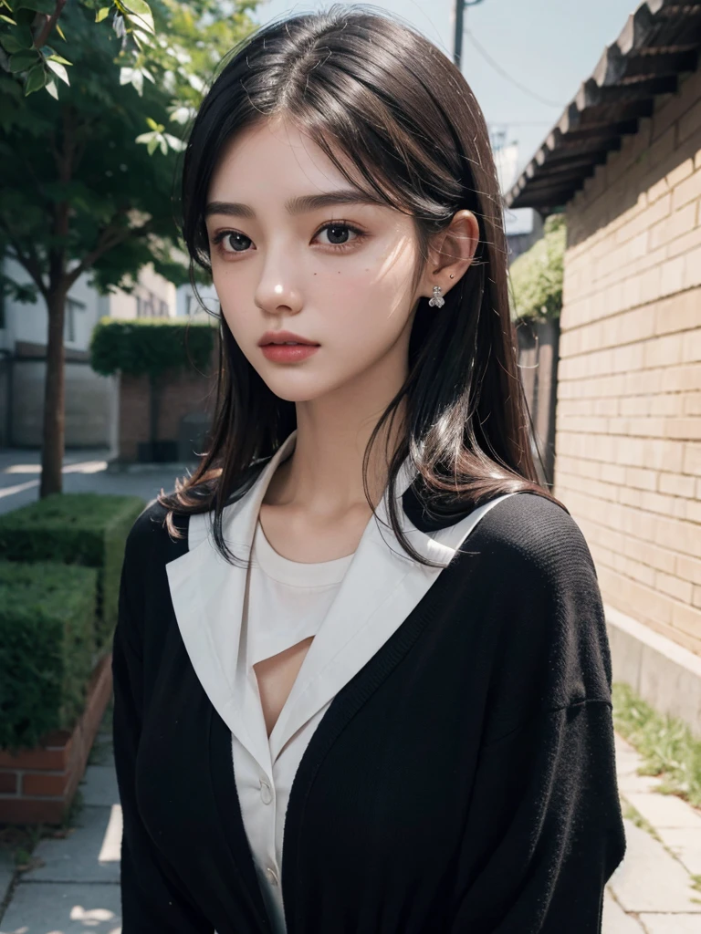 absurdres, RAW photo, extremely delicate and beautiful, masterpiece, Best Quality, ultra high resolution, 32k, hyperrealistic, ultra-detailed, perfect figure, Super Beauty, Perfect Style, Perfect balance, in her 20s, very small head, very small face, delicate facial features, tearful mole, earring, ((very huge breasts)), ((full body shot)), medium hair, black hair, ((school_uniform)),