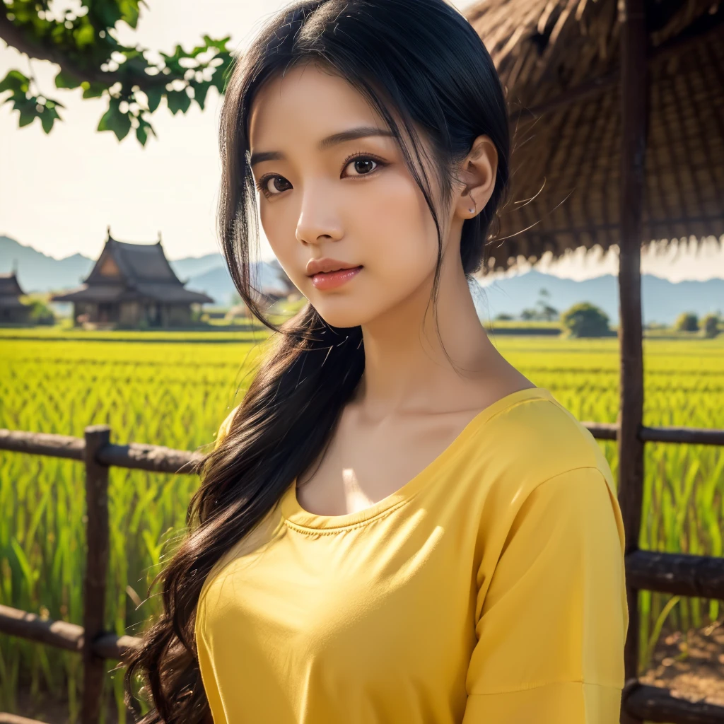 realistic: Open the aperture wide., professional lighting, Sony A7R4, 50 mm sitting lens. 2 ; Warm light, (digital painting, HDR ภาพถ่ายหน้าตรงThai anime, Female anime Araffe 25 30 years old, realistic: Open the aperture wide., professional lighting, Sony A7R4, 50 mm sitting lens. 2 ; Warm light, (digital painting, HDR, high contrast (digital painting, HDR, high contrast),Old jeans torn, bright colored t-shirts, Looking straight at you intently, Long-haired woman with a round face, Red cheeks, Pink cheeks, black eyes ตาสองชั้น, black eyes, Thai anime, Has a large chest size of 38 inches., ponytail woman, flowing black hair, long flowing black hair, she has black hair, Her black hair was long and wavy., beautiful black hair, Extra dark natural black hair, The shirt is tight., Looks hot., ,black eyes,abdominal muscles, rounded chest, outdoor, The background is a rice field., There is an old thatched Thai-style hut in the background., The evening sun shines, beautiful female model, jaw-dropping beauty, realistically,