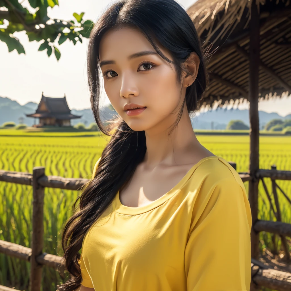 realistic: Open the aperture wide., professional lighting, Sony A7R4, 50 mm sitting lens. 2 ; Warm light, (digital painting, HDR ภาพถ่ายหน้าตรงThai anime, Female anime Araffe 25 30 years old, realistic: Open the aperture wide., professional lighting, Sony A7R4, 50 mm sitting lens. 2 ; Warm light, (digital painting, HDR, high contrast (digital painting, HDR, high contrast),Old jeans torn, bright colored t-shirts, Looking straight at you intently, Long-haired woman with a round face, Red cheeks, Pink cheeks, black eyes ตาสองชั้น, black eyes, Thai anime, Has a large chest size of 38 inches., ponytail woman, flowing black hair, long flowing black hair, she has black hair, Her black hair was long and wavy., beautiful black hair, Extra dark natural black hair, The shirt is tight., Looks hot., ,black eyes,abdominal muscles, rounded chest, outdoor, The background is a rice field., There is an old thatched Thai-style hut in the background., The evening sun shines, beautiful female model, jaw-dropping beauty, realistically,