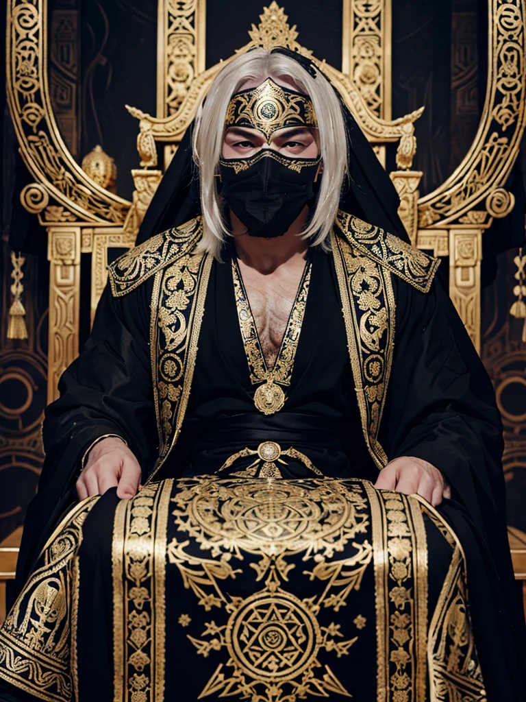 A white-haired man sat on a throne, wearing a black robe covered in intricate gold and silver decoration, with motifs of ancient symbols representing power and wisdom. His face was covered by an elegant mask with a design depicting the face of an invincible ancient god. mysterious smoke background.