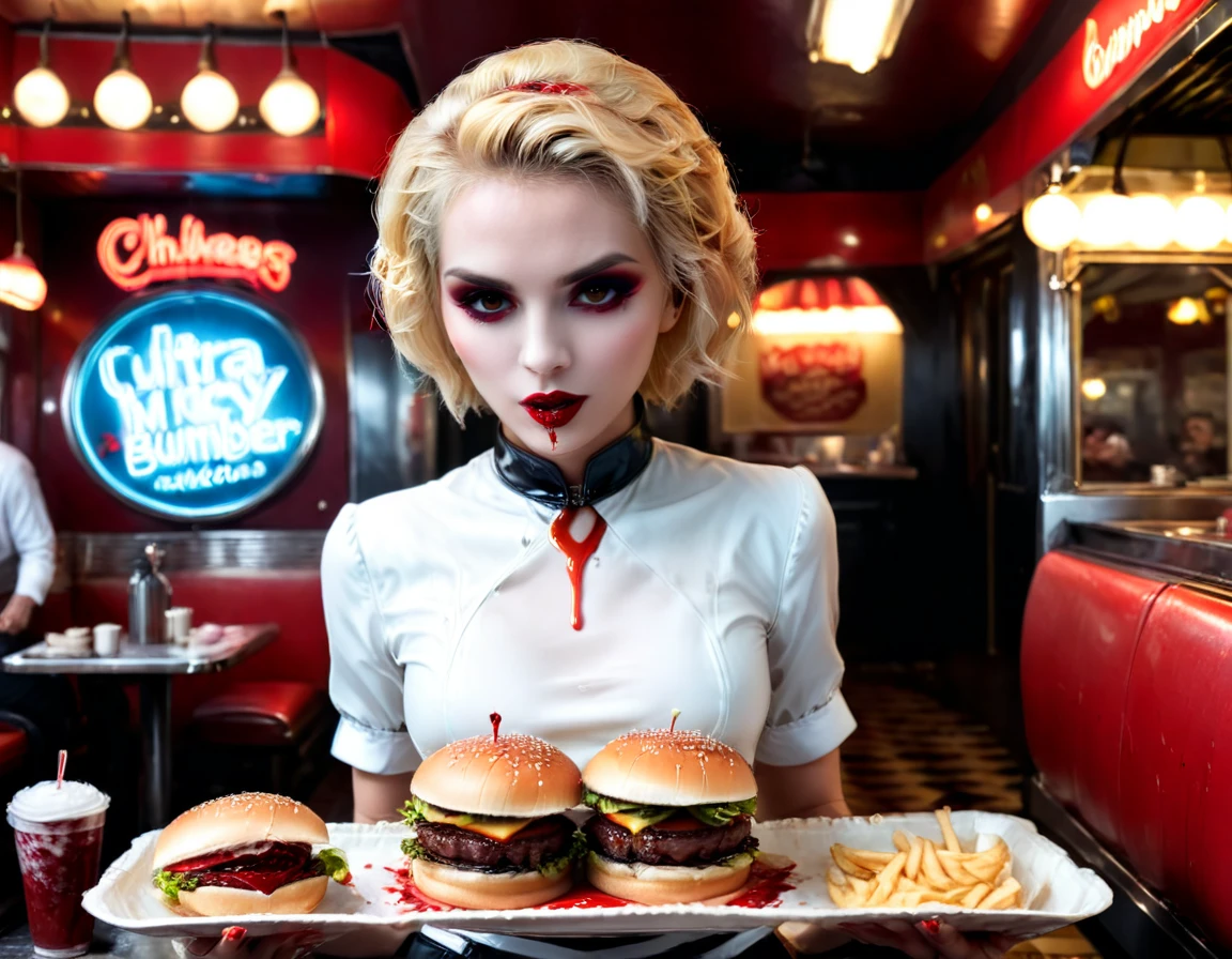 a 3D digital painting picture of extremely (beautiful female vanpire:1.3) ((serving a big juicy raw hamburger: 1.3)) on a tray, dripping blood in a goth American diner, an exquisite beautiful female (vampire:1.3), (full body: 1.3) ultra feminine ultra detailed face, blond hair, short hair, red lips, red eyes, glowing eyes, wearing  glamour white seductive latex dress, serving a goth diner American kitchen background, full body dynamic angle, , award winning, best quality, high quality, high details, highres, vibrant, Ultra-high resolution, High Contrast, (masterpiece:1.5), highest quality, Best aesthetics, best details, best quality, highres, ultra wide angle, 16k, [ultra detailed], masterpiece, best quality, photorealistic, 3D rendering, Cinematic Hollywood Film, chumbasket art style