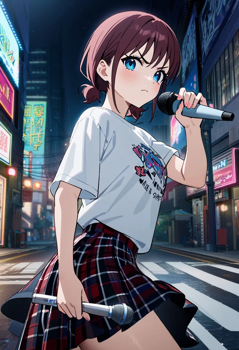 1girl,iseri nina, v-shaped eyebrows, closed mouth, white shirt,t-shirt, plaid skirt,holding microphone, night street at downtown, 
masterpiece, newest, absurdres,