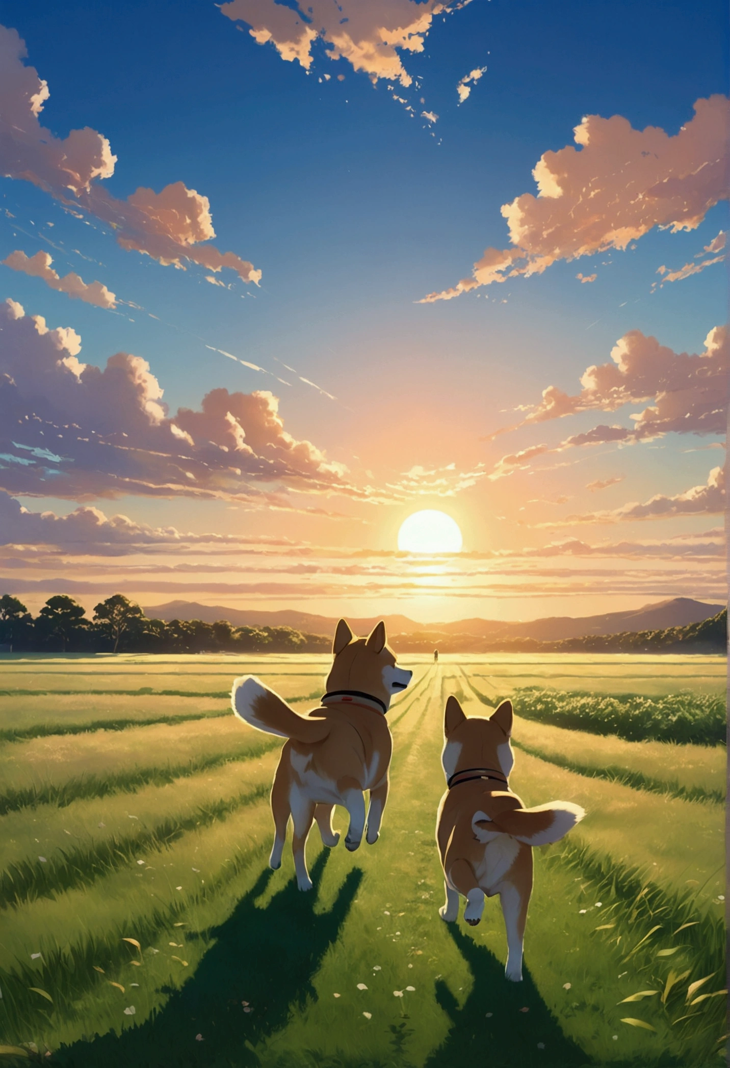 Makoto Shinkai Taste, Beautiful sky, （A running Shiba Inu puppy）,Romantic Landscape, Healing scenes, Light pours in,hope, Makoto Shinkai Taste,Detailed Description,  Sunset, A grand expanse,