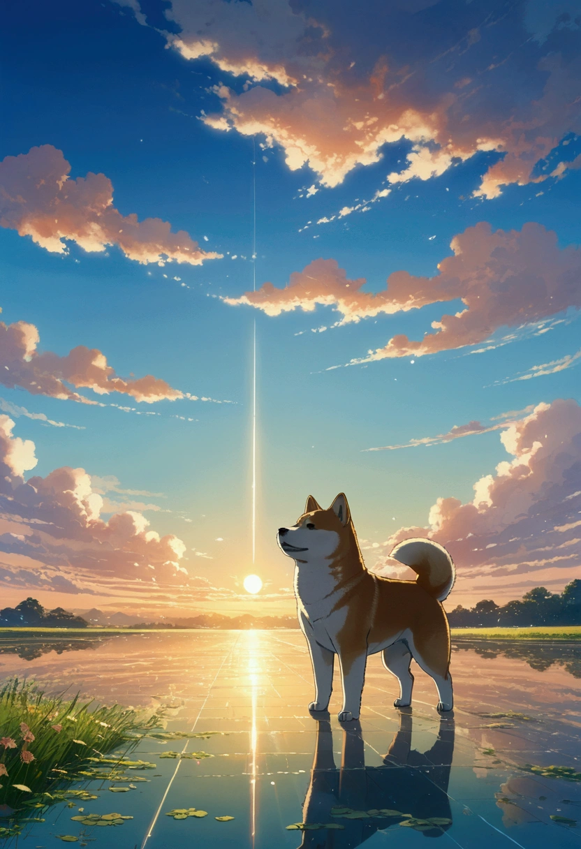 Makoto Shinkai Taste, Beautiful sky, （A running Shiba Inu puppy）,Romantic Landscape, Healing scenes, Light pours in,hope, Makoto Shinkai Taste,Detailed Description,  Sunset, A grand expanse,