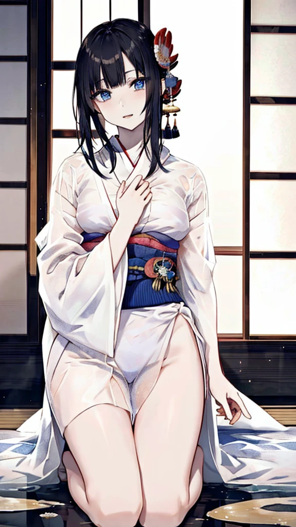 Sakura Jinguji, Cutting her long black hair, Spreading pubic hair over a long sleeve shirt, Luxuriously embroidered, A super shiny old Japanese princess wearing a colorful Heian period kimono made up of many layers of kimono　She is tied to a bed and crying, clutching her genitals after her virginity is taken in a lascivious ritual.　She is forced to give birth