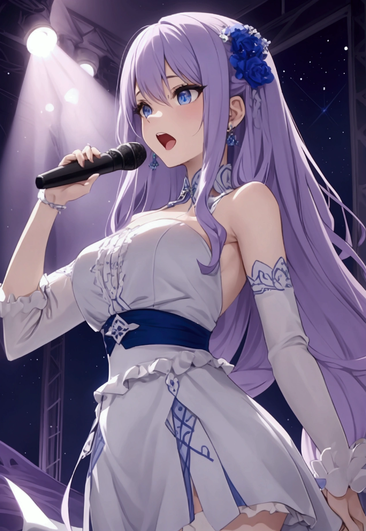 a one woman,with long lilac hair,blue colored eyes,singing