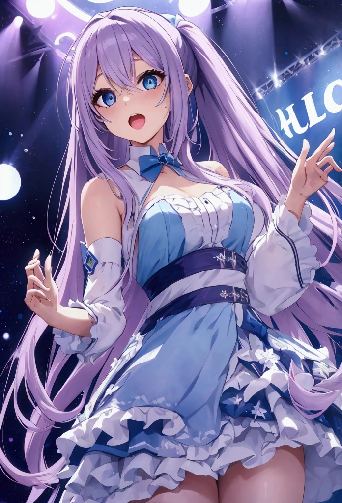 a one woman,with long lilac hair,blue colored eyes,singing