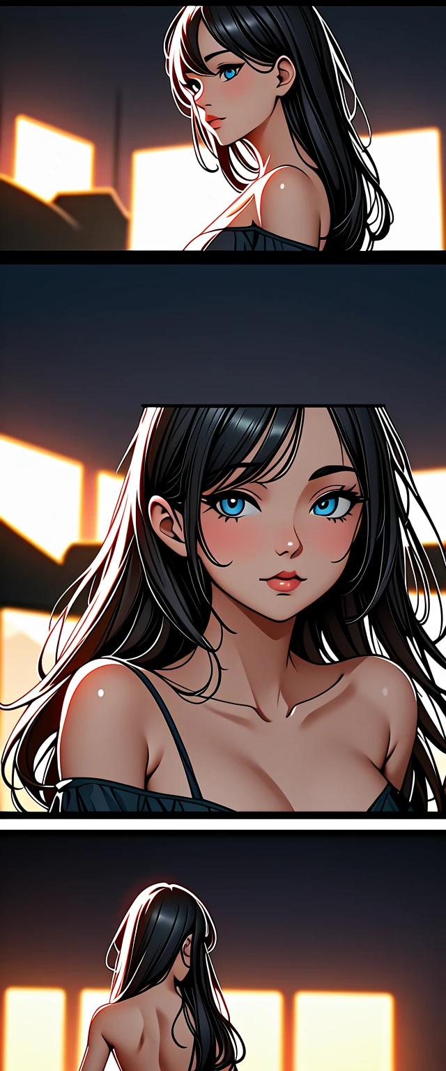 Photos of women with natural skin, Seaside Cave, Shining, , Smile, High Ponytail, Black hair with red mesh, Use red eyeshadow to create sharp eyes, Blue-green eyes, Shining eyes, Thin, with an upturned nose, Beautifully shaped lips, Large Breasts, ((Black off-shoulder dress, Spaghetti straps)), barefoot, cosmetic, Carefully crafted,Attention to detail, Energetic, Astonishing, Smooth, Movie, 4K, Backlight, (()), Shallow depth of field, ((Delicate eyes:1.3, Delicate lips:1.3, high quality, )), masterpiece, Ultra-detailed images, high quality